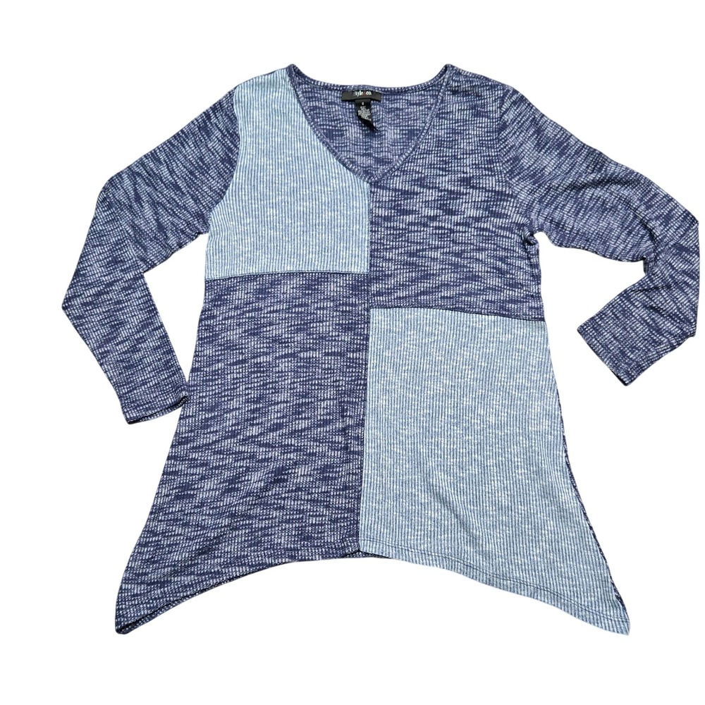 Style & Co Blue Mixed Media Patchwork Sharkbite Hem Tunic Top Small